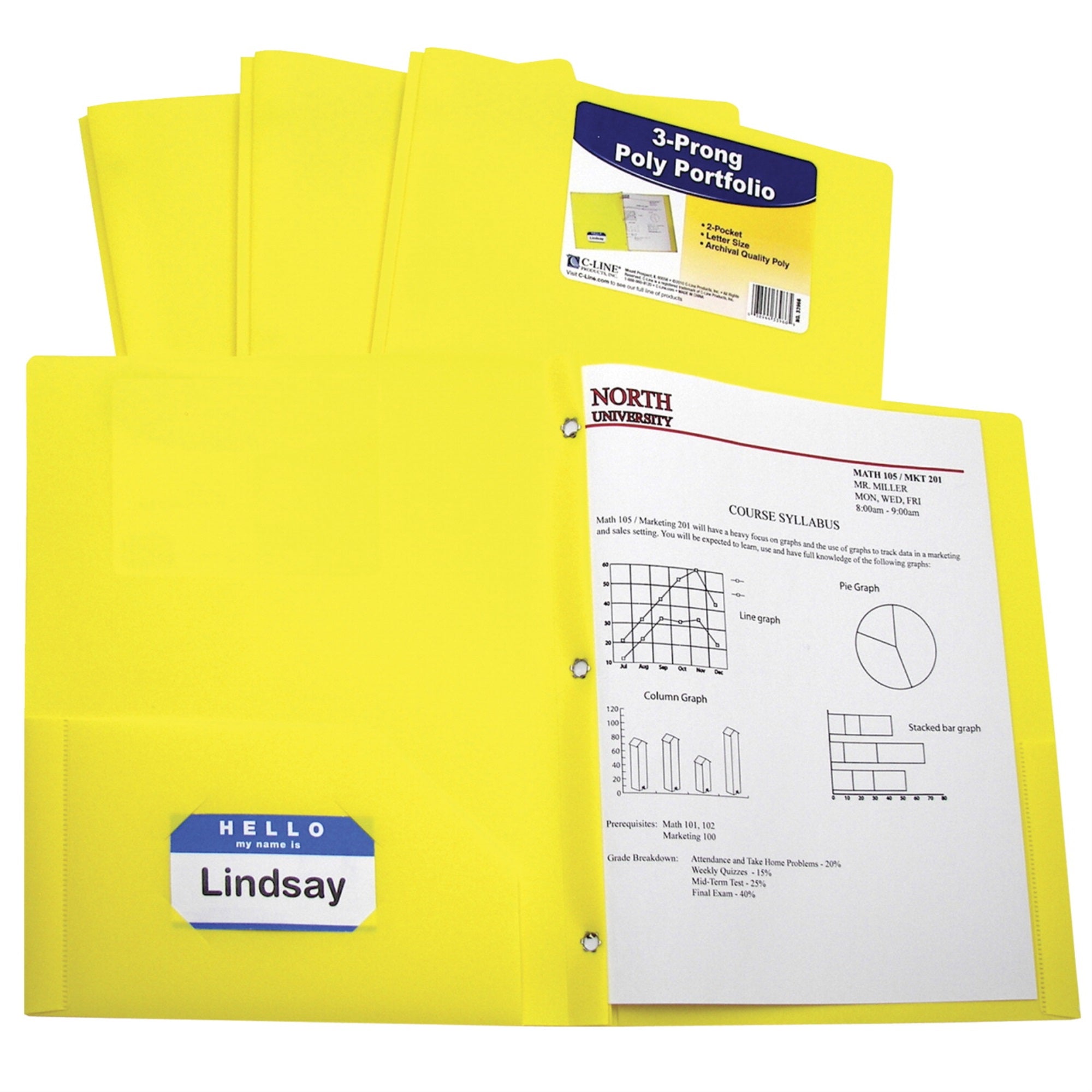 C-Line Poly Portfolio Folder With Prongs, Letter, 2-Pocket, Yellow, Pack Of 25