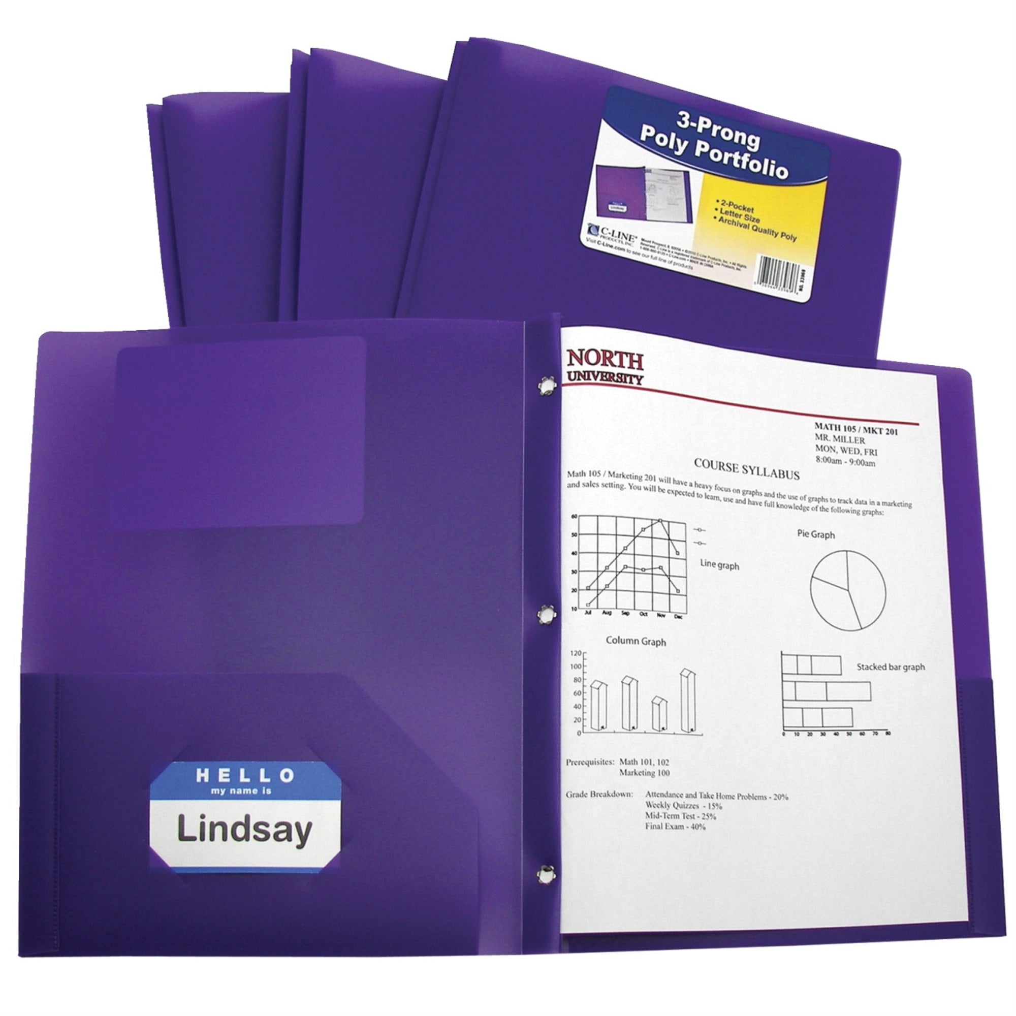 C-Line Poly Portfolio Folder With Prongs, Letter, 2-Pocket, Purple, Pack Of 25