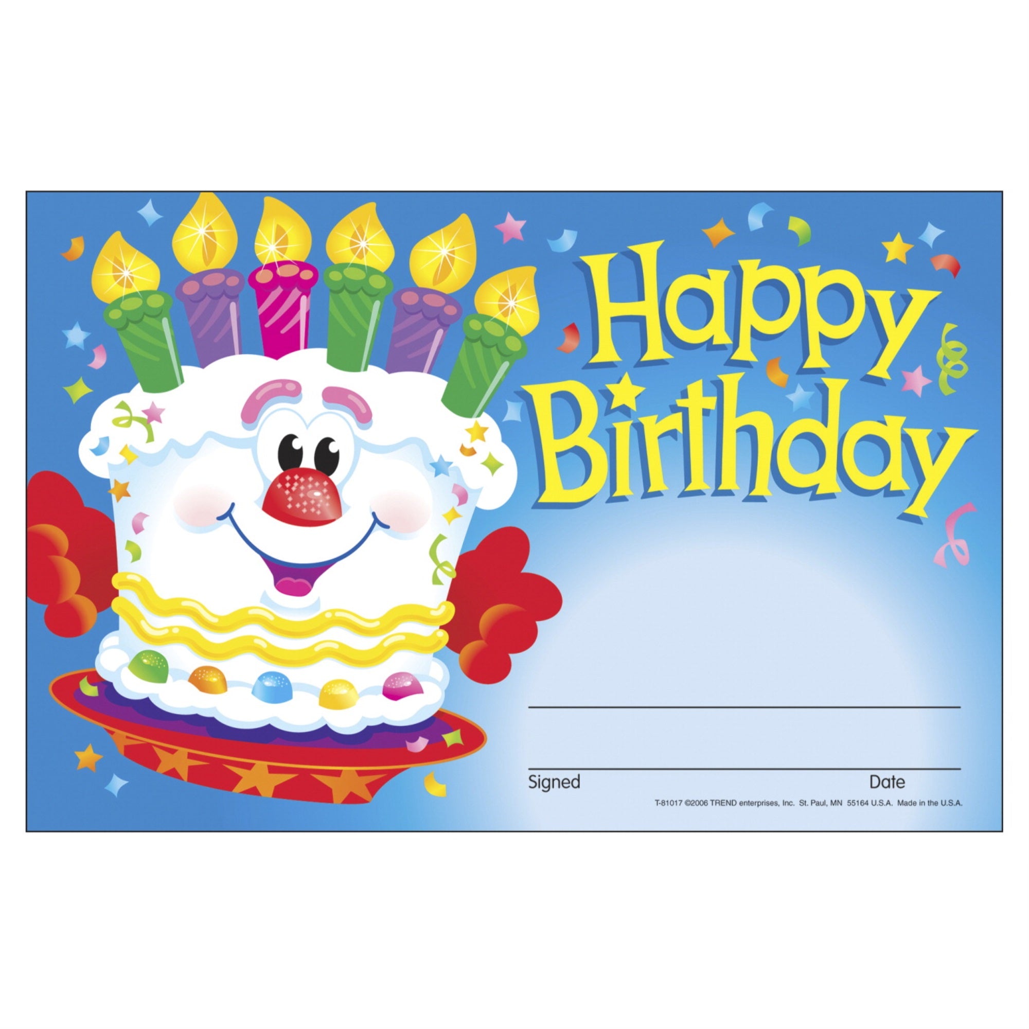 Trend Enterprises Happy Birthday Cake Recognition Award, Pack Of 30