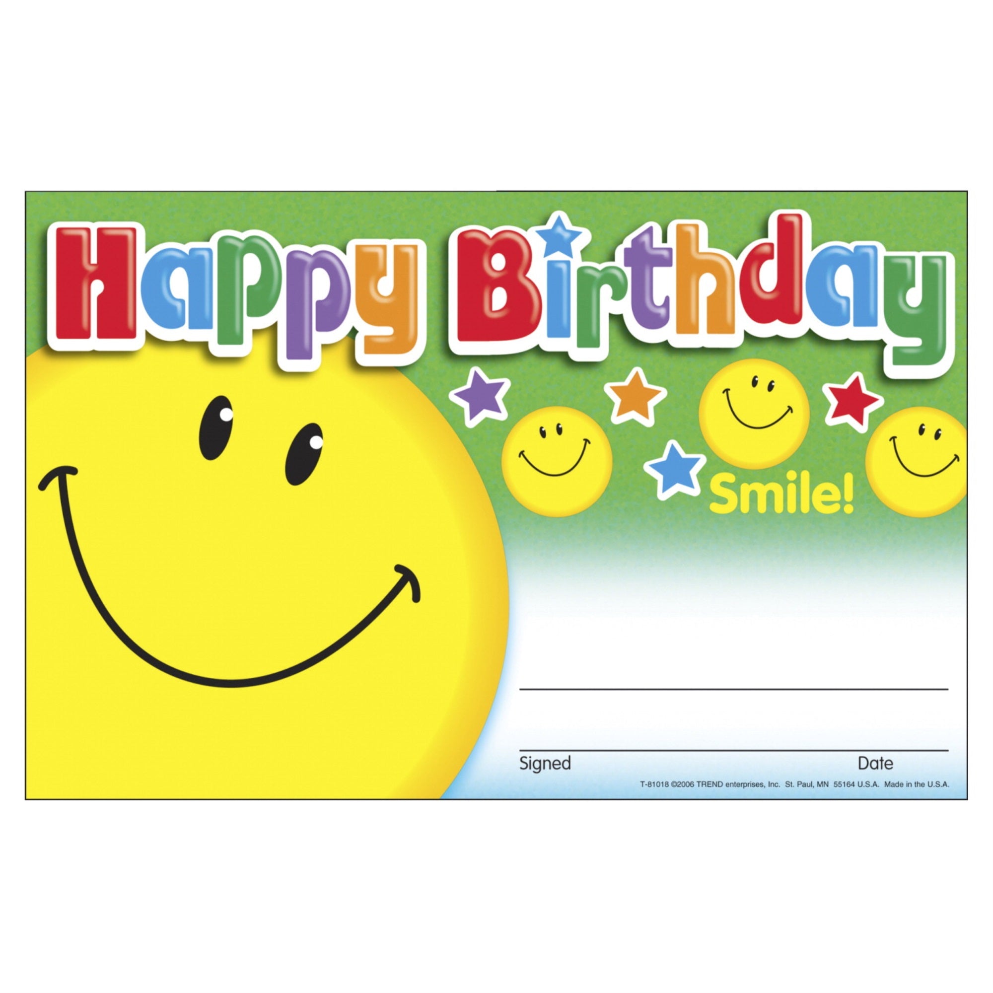 Trend Enterprises Happy Birthday Smile Recognition Award, Pack Of 30