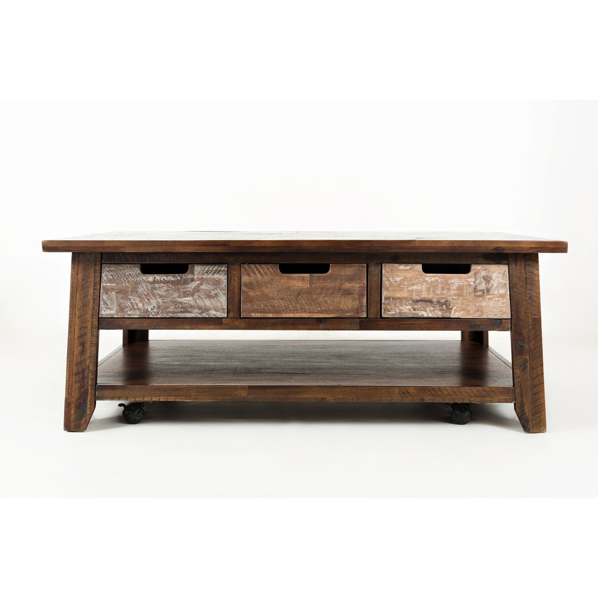 Painted Canyon Rustic Solid Acacia 50' Coffee Table With Pull Through Drawers And Caster Wheels