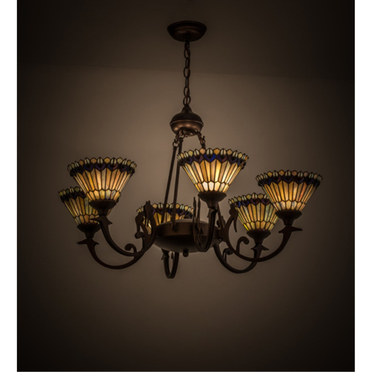 33'W Tiffany Jeweled Peacock 6 Lt Chandelier