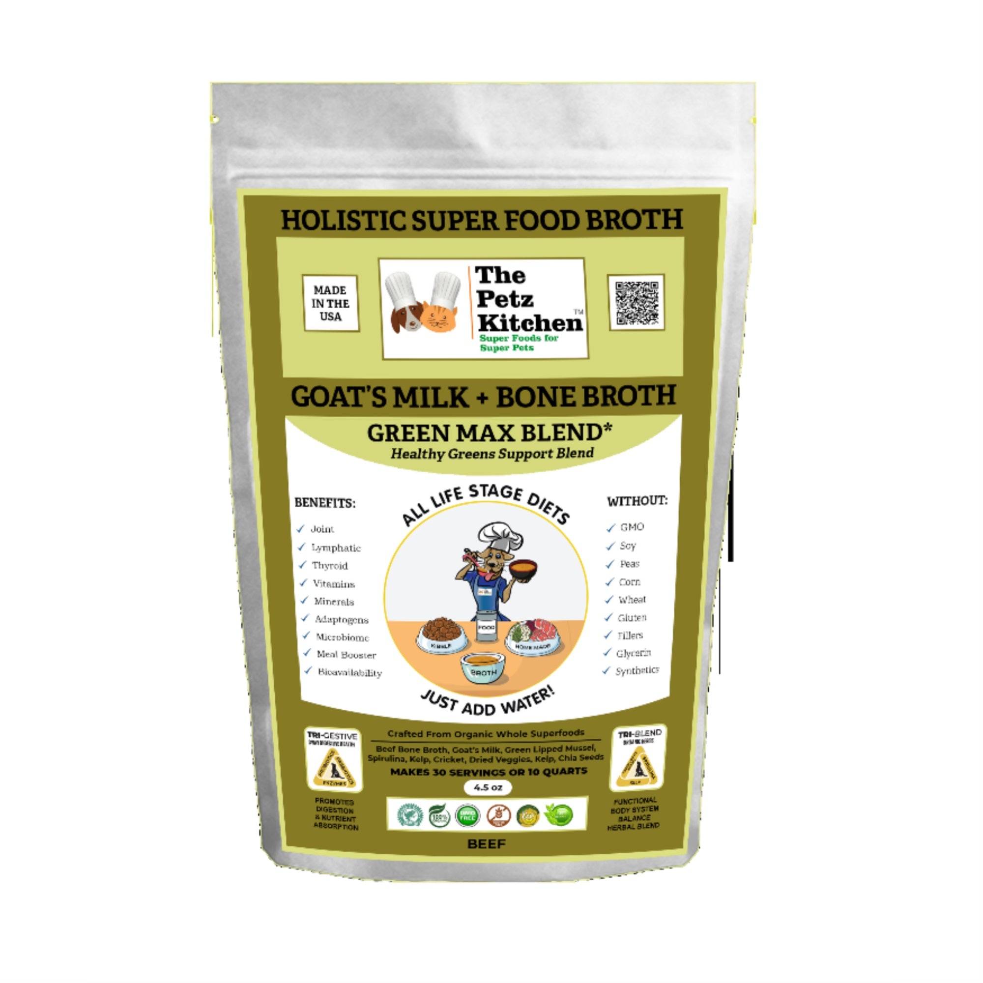Goats Milk + Bone Broth Green Max Blend* Omega 3 & 6 Vitamin & Mineral Support* The Petz Kitchen Dog & Cat