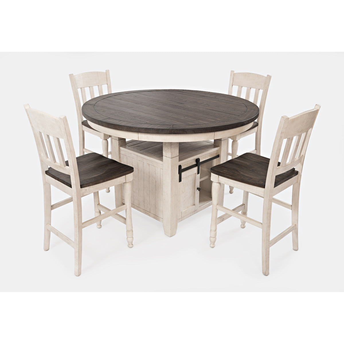 Madison County Rustic Farmhouse Five Piece Reclaimed Solid Wood Counter Height Round Dining Set With Slatback Barstools