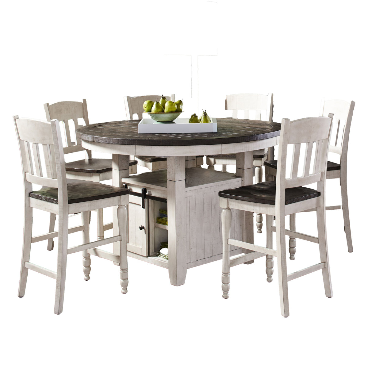 Madison County Rustic Farmhouse Seven Piece Reclaimed Solid Wood Counter Height Round Dining Set With Slatback Barstools