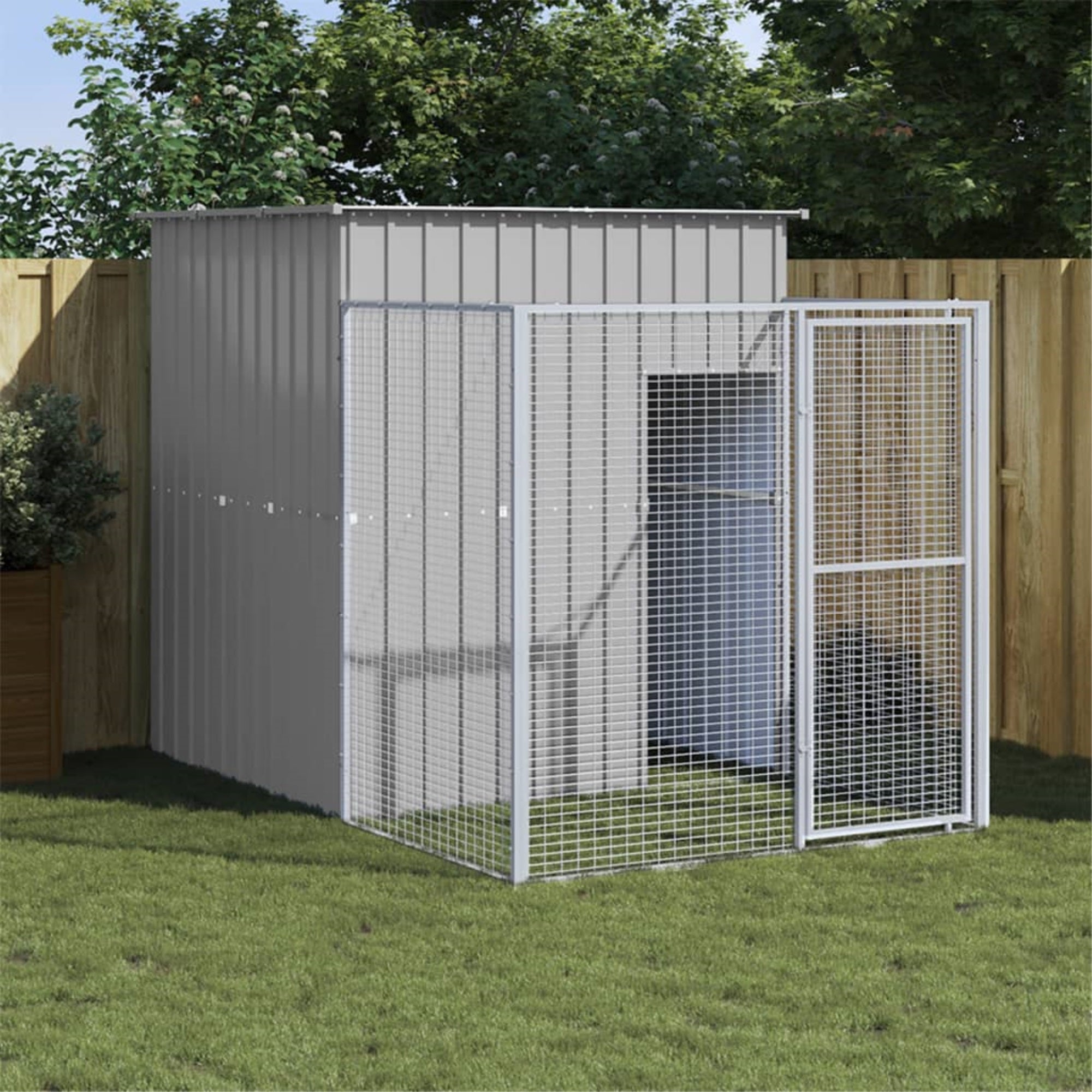 Vidaxl Dog House With Run Light Gray 65'X98.8'X71.3' Galvanized Steel