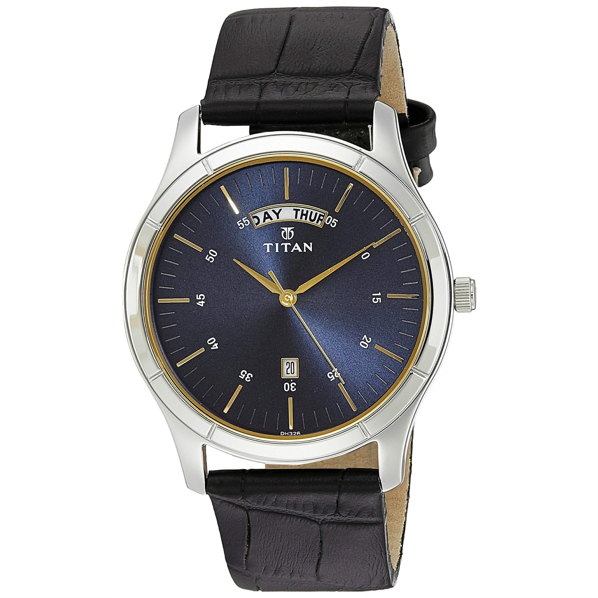 Titan Workwear Blue Dial Analog with Day and Date Leather Strap watch for Men-NR1767SL03
