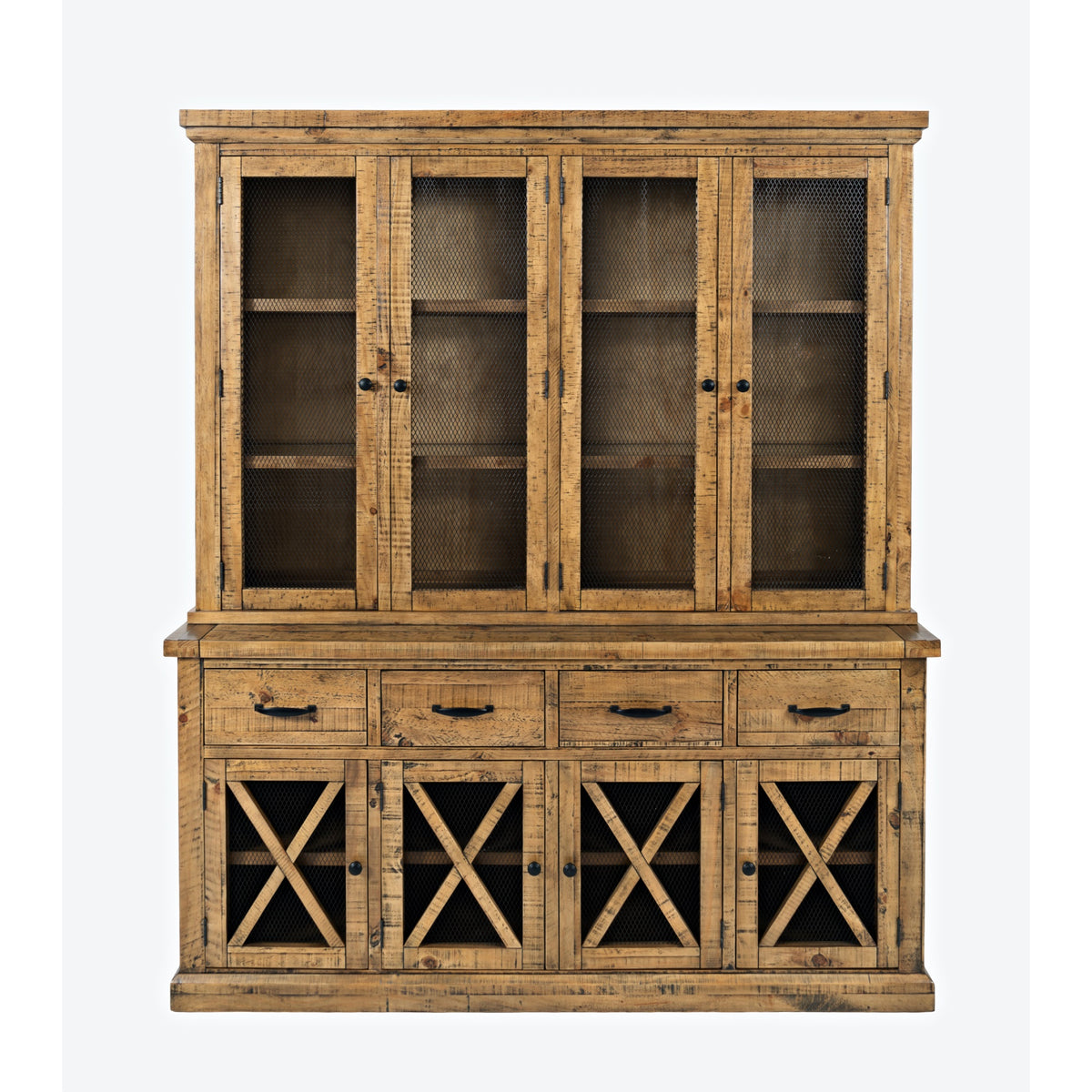 Telluride Rustic Farmhouse Solid Wood Sideboard Buffet Hutch With Led Lights