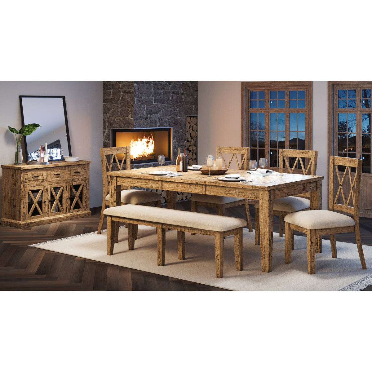 Telluride Rustic Farmhouse Solid Wood 78' Six-Piece Dining Set With Bench