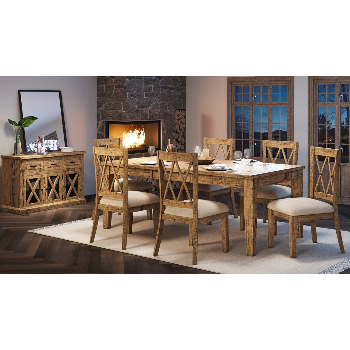 Telluride Rustic Farmhouse Solid Wood 78' Seven-Piece Dining Set