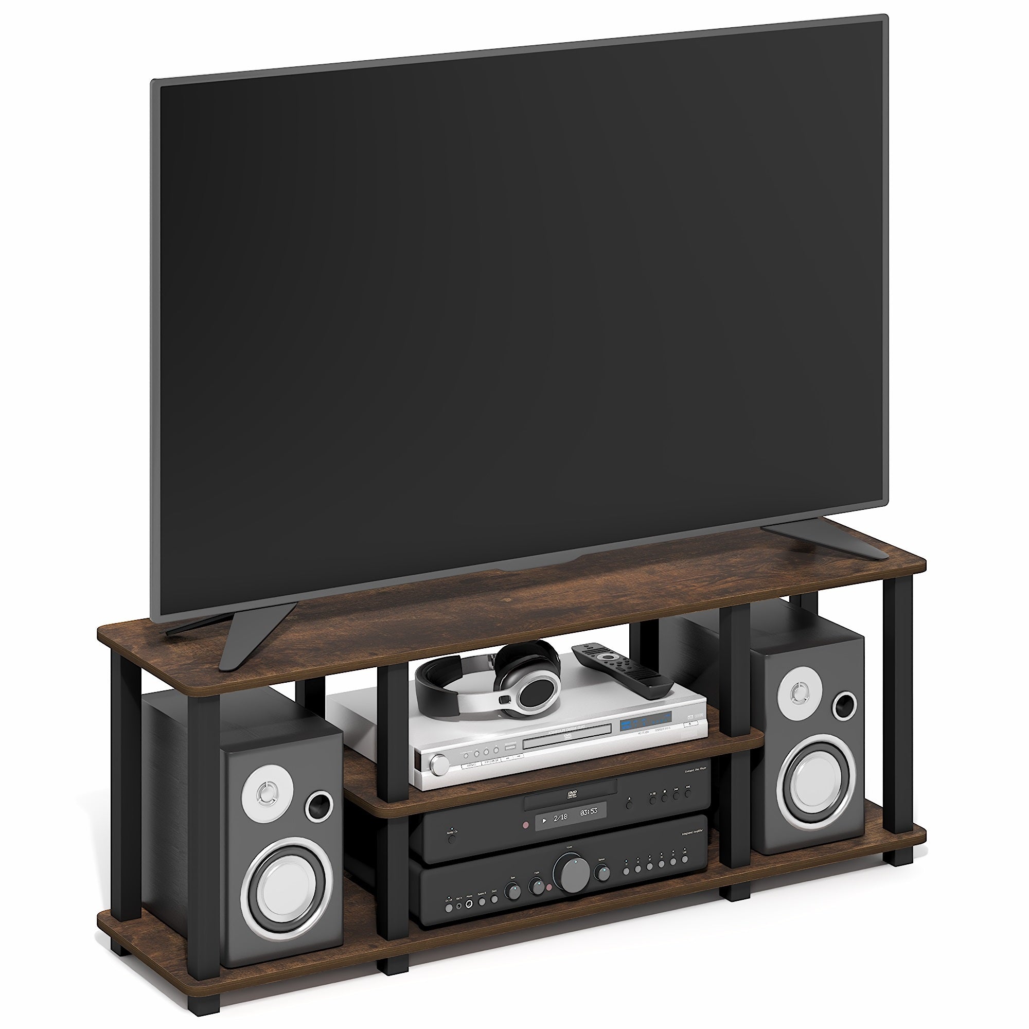Furinno TURN-S-TUBE TV Stand, 3-Tier Open Shelf Rectangular Entertainment Center, Open Frame TV Console for TV up to 50 Inch, Open Back, Toolless Assembly, for Living Room, Bedroom, Amber Pine