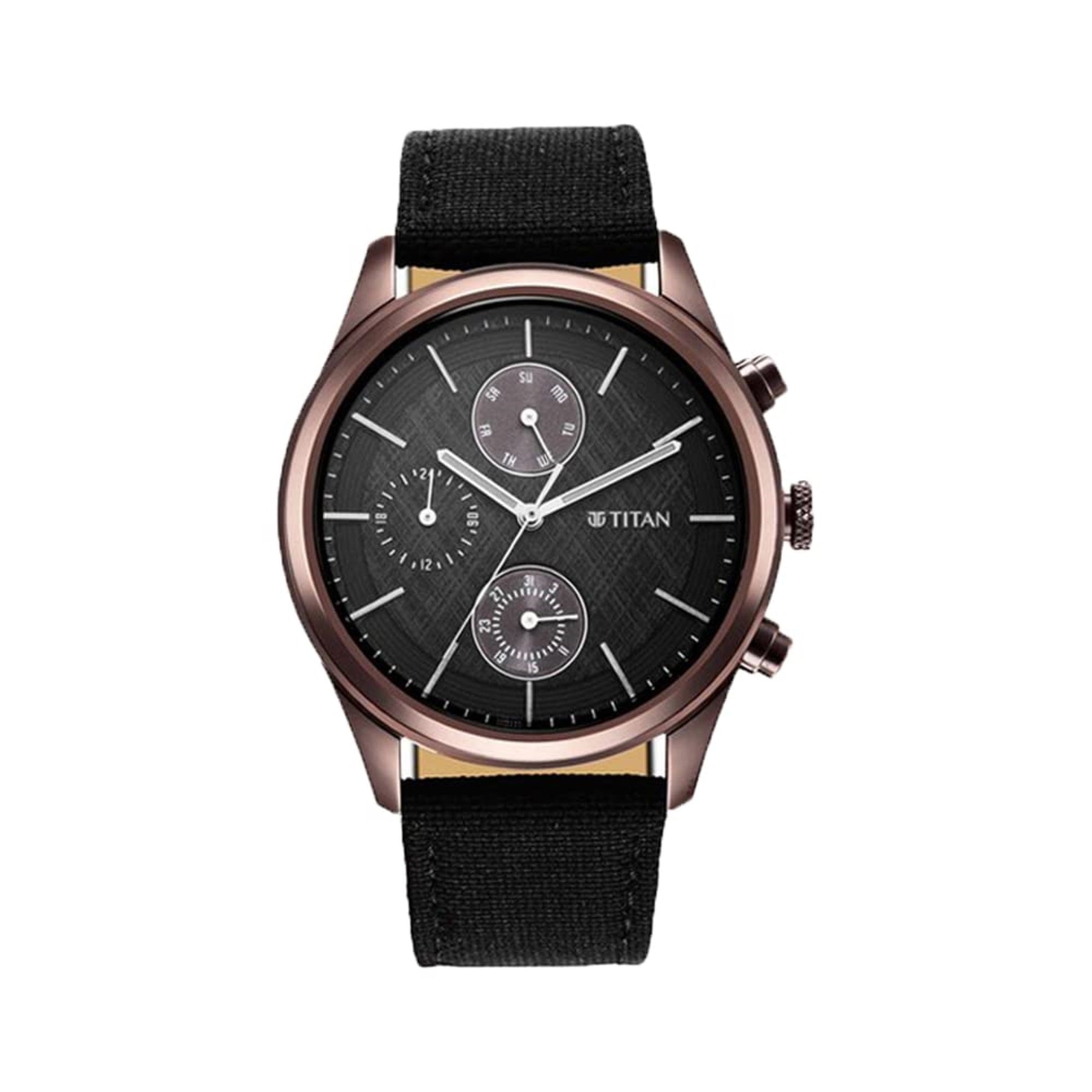 Titan Men's Infinity Chrono Analog Watch: Precise Blue Dial, Rose Gold Highlights,  Leather Strap-NS1805QP01