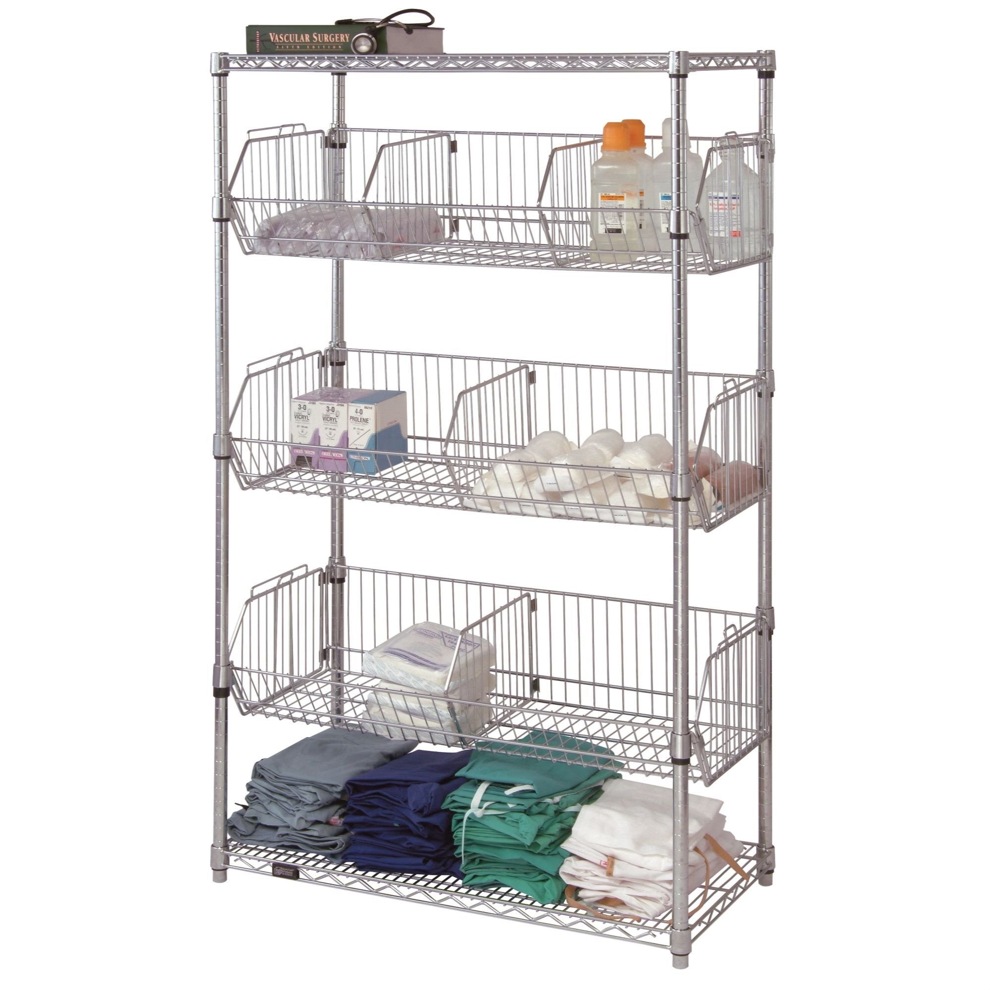 Quantum Storage Systems 1836Bc6C 5-Tier Stationary Wire Basket Unit With 3 Baskets, Chrome Finish, 18 W X 36 L X 63 H