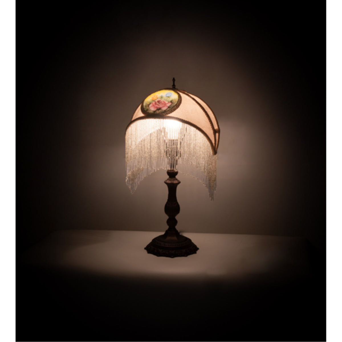 11'H Reverse Painted Roses Fabric With Fringe Accent Lamp