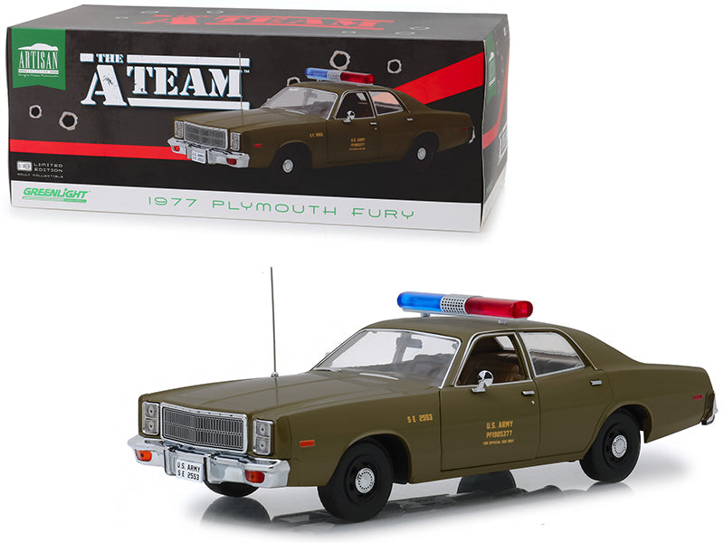 1977 Plymouth Fury U.S. Army Police Army Green 'The A-Team' (1983-1987) Tv Series 1/18 Diecast Model Car By Greenlight