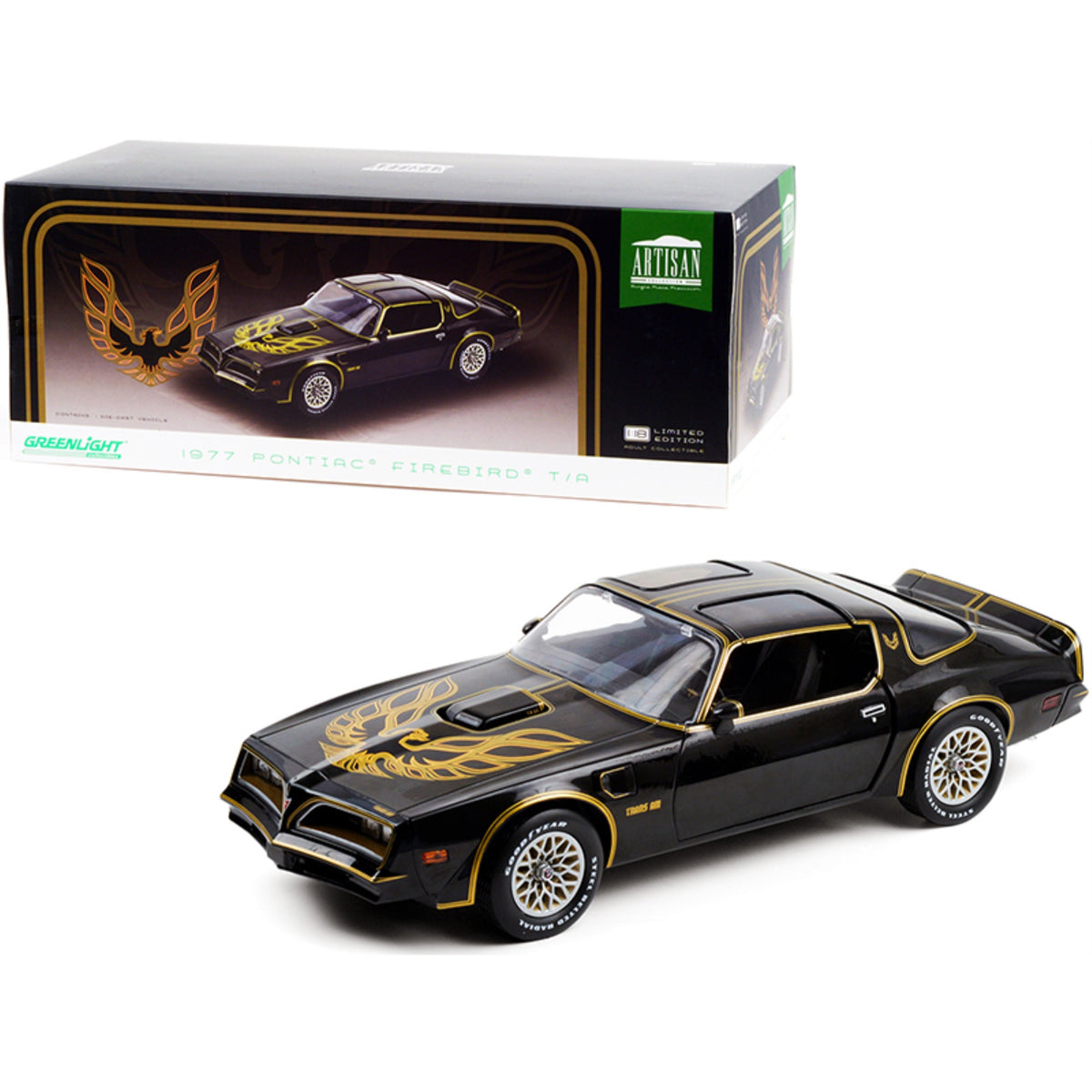 1977 Pontiac Firebird T/A Trans Am Starlite Black With Golden Eagle Hood Bird 1/18 Diecast Model Car By Greenlight
