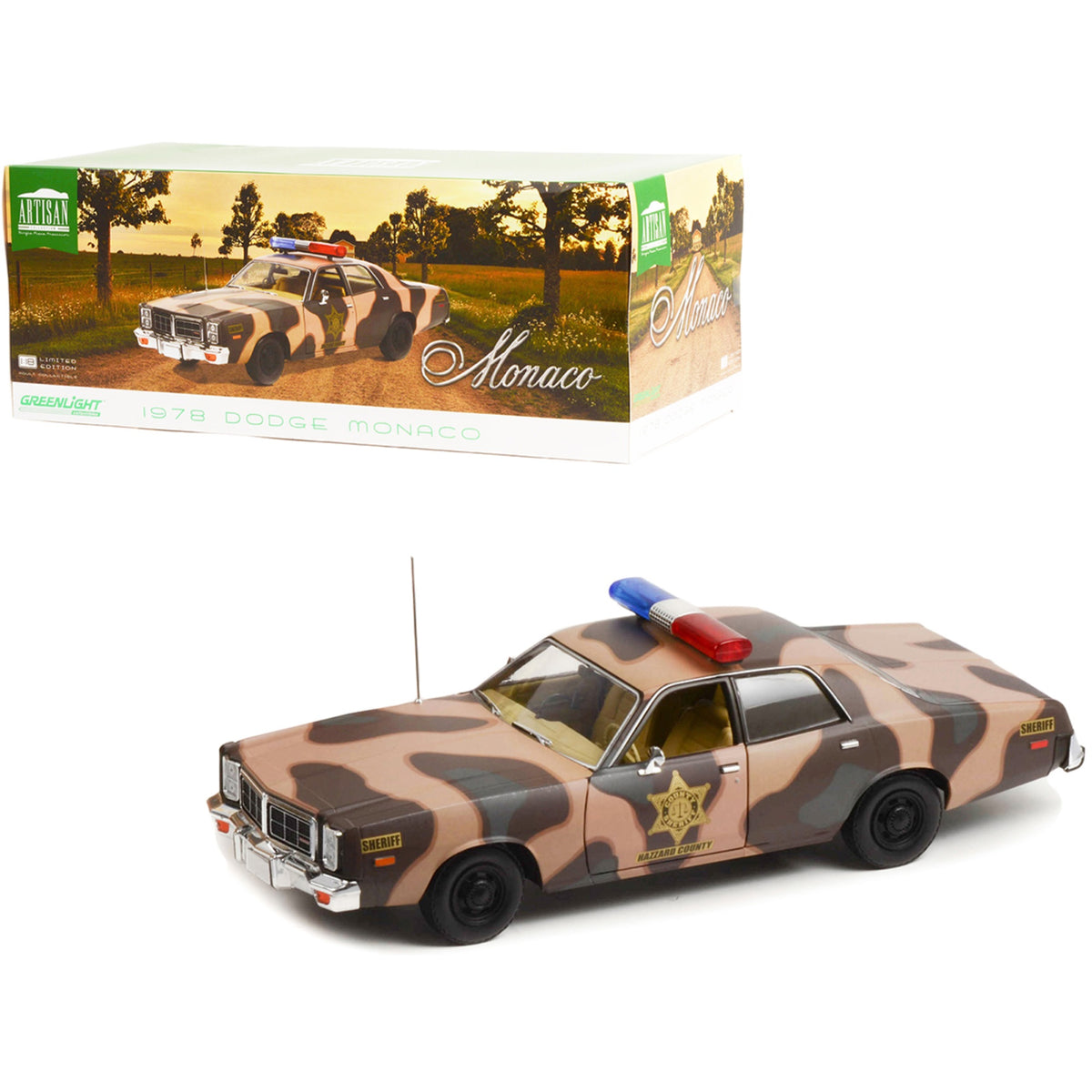 1978 Dodge Monaco Brown Camouflage 'Hazzard County Sheriff' 1/18 Diecast Model Car By Greenlight