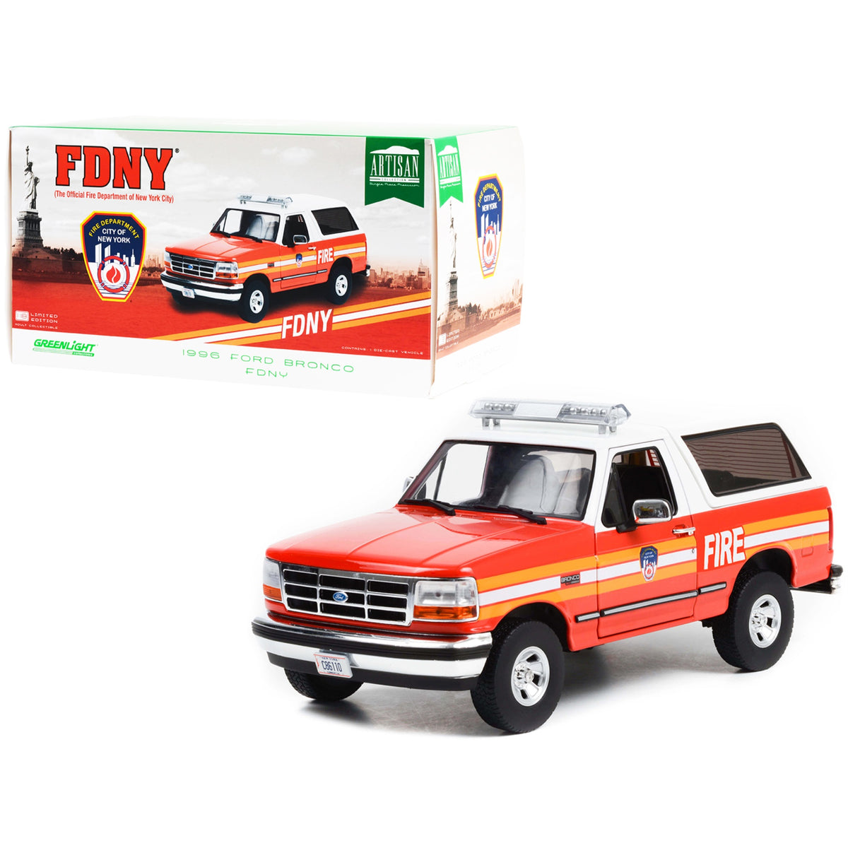 1996 Ford Bronco Police Red And White Fdny (The Official Fire Department The City Of New York) 'Artisan Collection' 1/18 Diecast Model Car By Greenlight