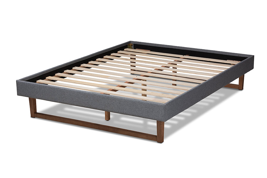 Baxton Studio Liliya Mid-Century Modern Dark Grey Fabric Upholstered Walnut Brown Finished Wood Queen Size Platform Bed Frame