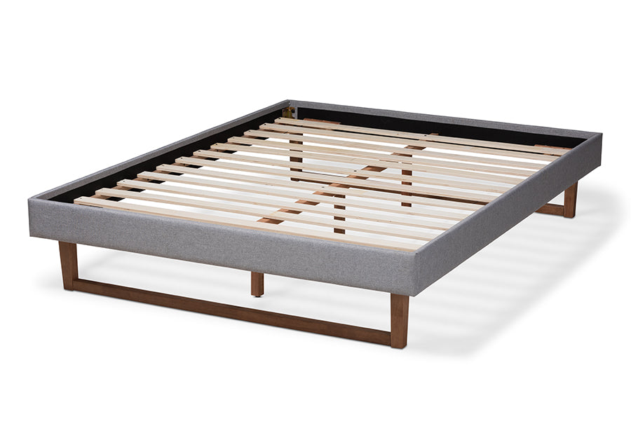 Baxton Studio Liliya Mid-Century Modern Light Grey Fabric Upholstered Walnut Brown Finished Wood Full Size Platform Bed Frame