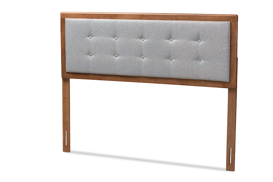 Baxton Studio Sarine Mid-Century Modern Light Grey Fabric Upholstered Walnut Brown Finished Wood King Size Headboard