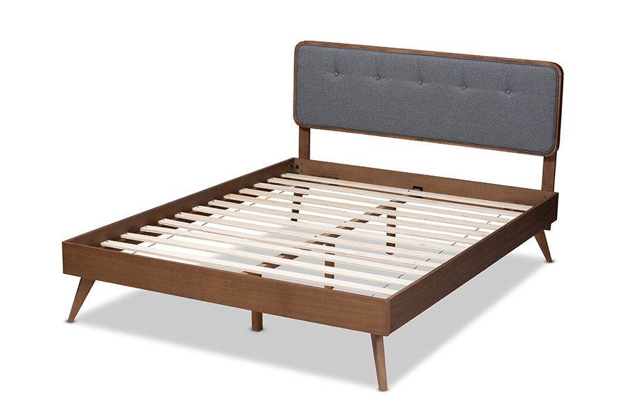 Baxton Studio Dilara Mid-Century Modern Dark Grey Fabric Upholstered Walnut Brown Finished Wood Queen Size Platform Bed