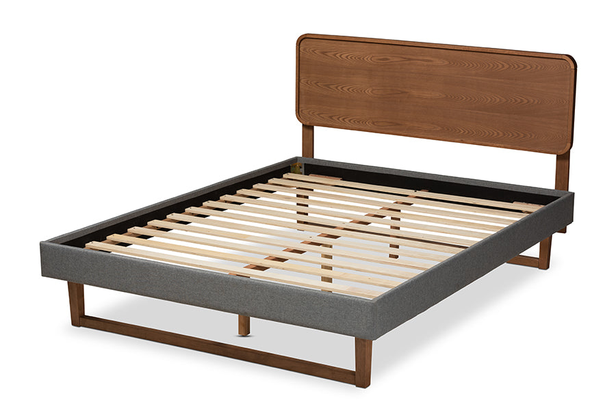 Baxton Studio Ayla Mid-Century Modern Dark Grey Fabric Upholstered Walnut Brown Finished Wood Queen Size Platform Bed