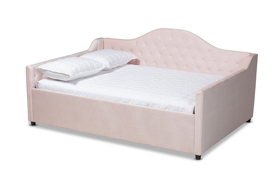 Baxton Studio Perry Modern and Contemporary Light Pink Velvet Fabric Upholstered and Button Tufted Queen Size Daybed