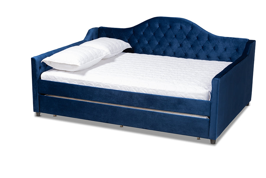 Baxton Studio Perry Modern and Contemporary Royal Blue Velvet Fabric Upholstered and Button Tufted Full Size Daybed with Trundle