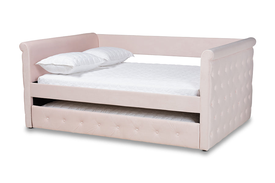 Baxton Studio Amaya Modern and Contemporary Light Pink Velvet Fabric Upholstered Full Size Daybed with Trundle