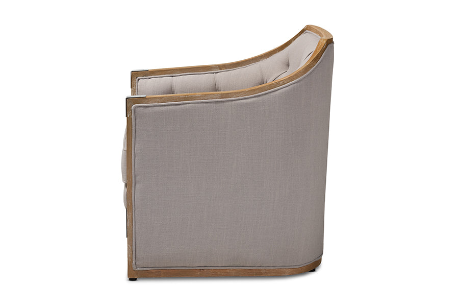 Baxton Studio Terina French Country Industrial Grey-Beige Fabric Upholstered Whitewashed Oak Wood Armchair With Metal Accents