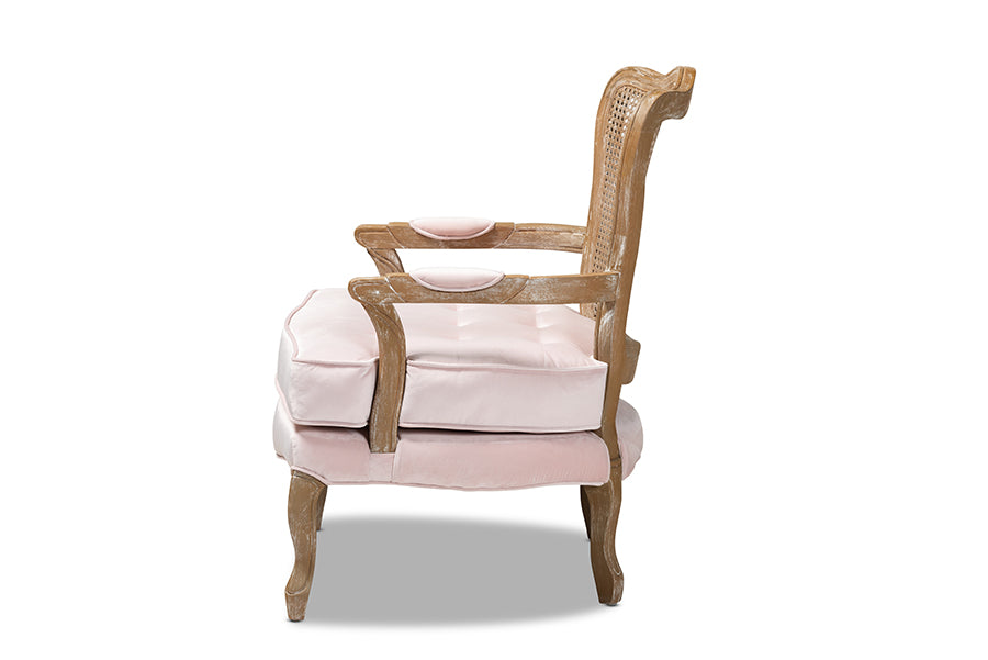 Baxton Studio Vallea Traditional French Provincial Light Pink Velvet Fabric Upholstered White-Washed Oak Wood Armchair