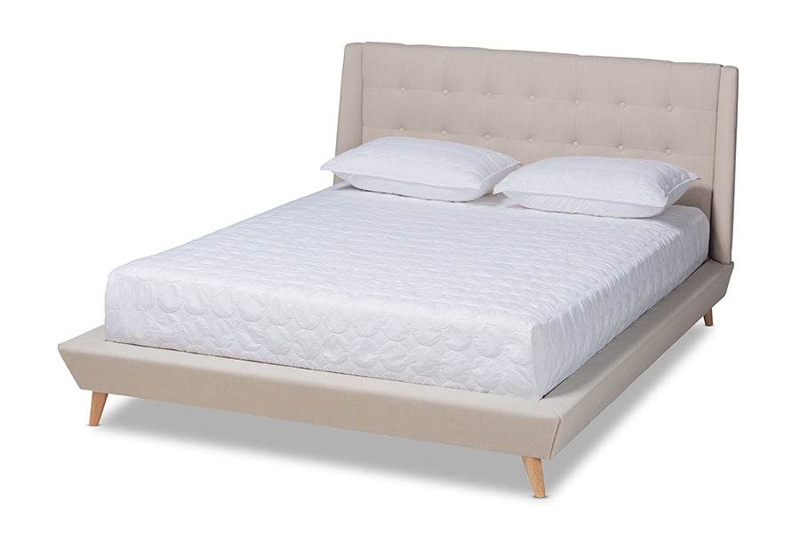 Baxton Studio Naya Mid-Century Modern Beige Fabric Upholstered King Size Wingback Platform Bed