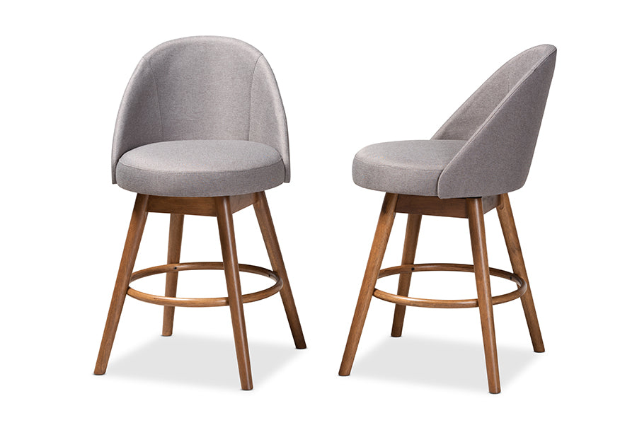 Baxton Studio Carra Mid-Century Modern Grey Fabric Upholstered Walnut-Finished Wood Swivel Counter Stool (Set Of 2)