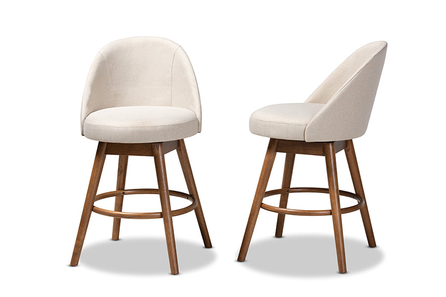 Baxton Studio Carra Mid-Century Modern Light Beige Fabric Upholstered Walnut-Finished Wood Swivel Counter Stool (Set Of 2)