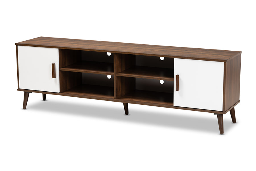 Baxton Studio Quinn Mid-Century Modern Two-Tone White and Walnut Finished 2-Door Wood TV Stand