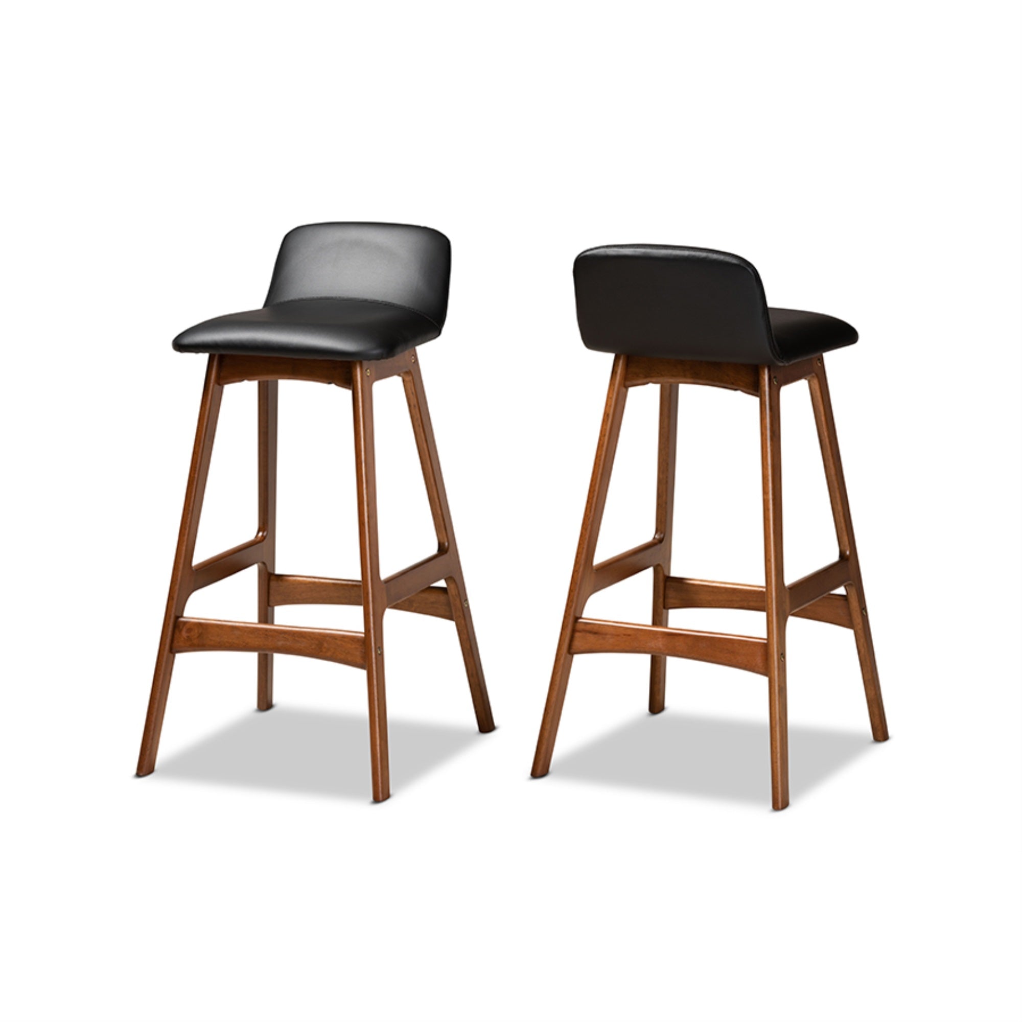 Baxton Studio Darrin Mid-Century Modern Black Faux Leather Upholstered and Walnut Brown Finished Wood 2-Piece Bar Stool Set