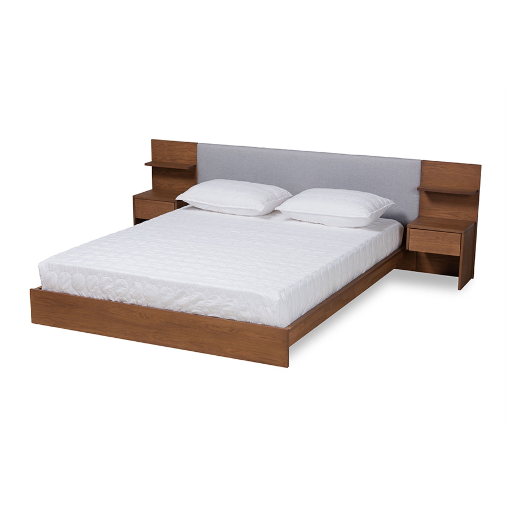Baxton Studio Sami Modern and Contemporary Light Grey Fabric Upholstered and Walnut Brown Finished Wood Queen Size Platform Storage Bed with Built-In Nightstands