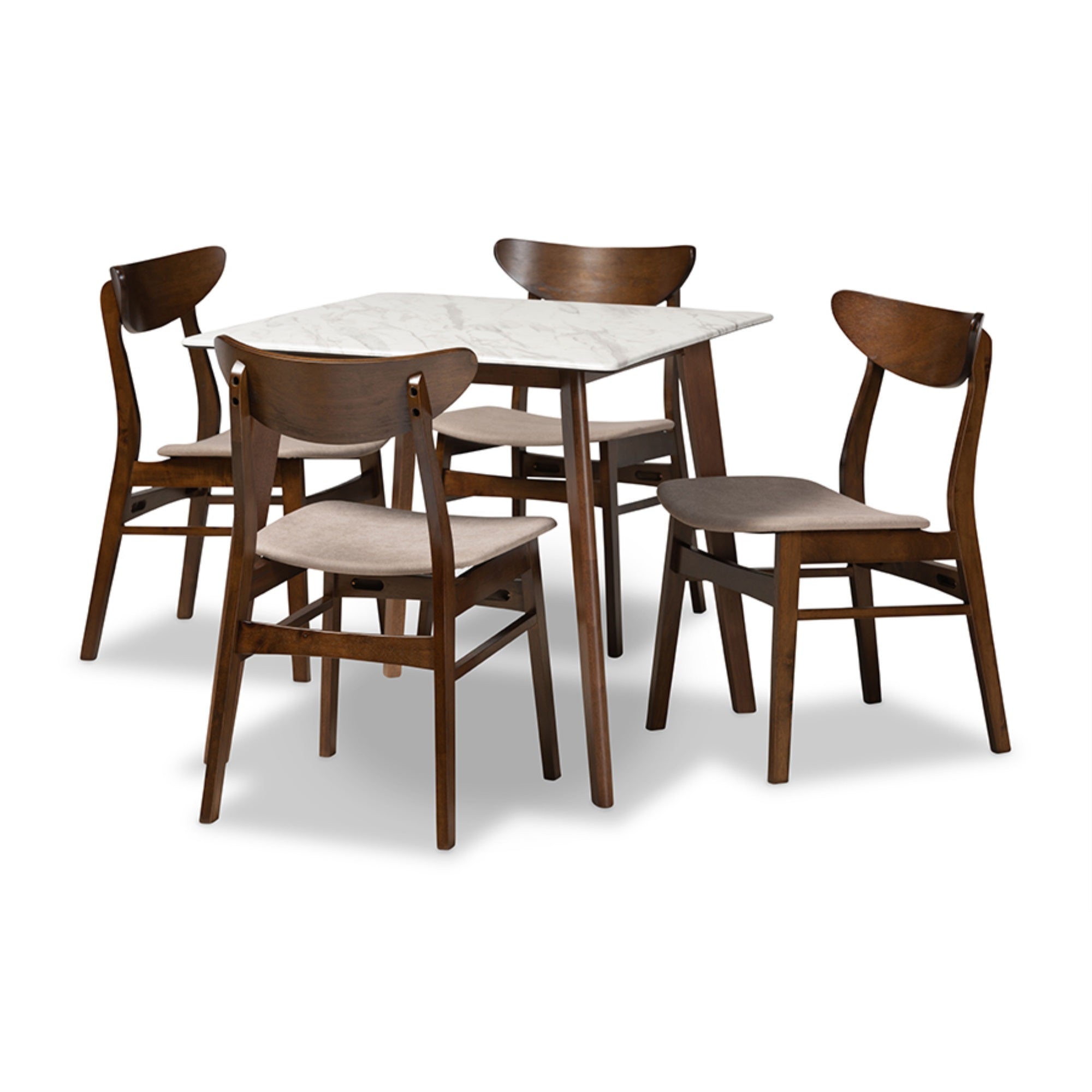 Baxton Studio Paras Mid-Century Modern Transitional Light Beige Fabric Upholstered and Walnut Brown Finished Wood 5-Piece Dining Set with Faux Marble Dining Table