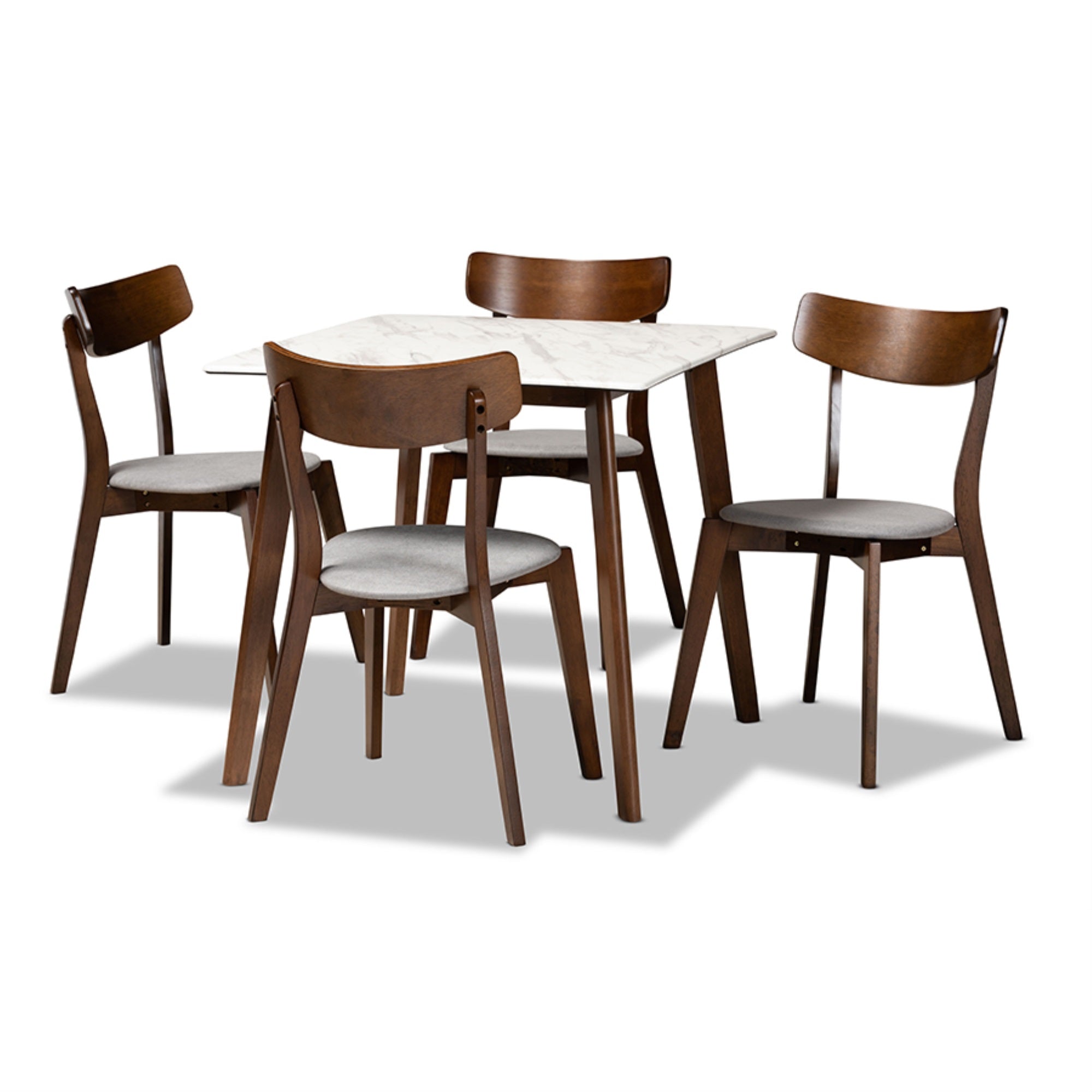 Baxton Studio Reba Mid-Century Modern Light Grey Fabric Upholstered and Walnut Brown Finished Wood 5-Piece Dining Set with Faux Marble Dining Table