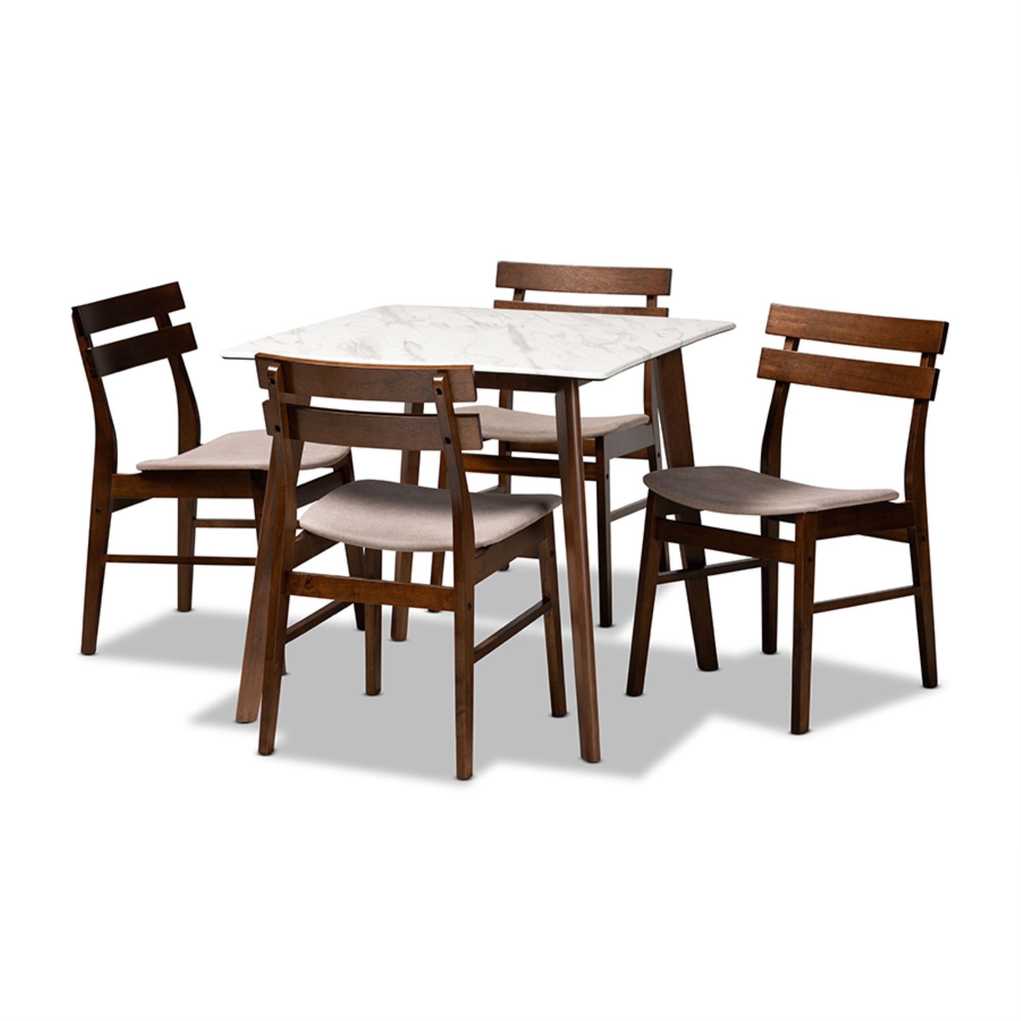 Baxton Studio Richmond Mid-Century Modern Light Beige Fabric Upholstered and Walnut Brown Finished Wood 5-Piece Dining Set with Faux Marble Dining Table
