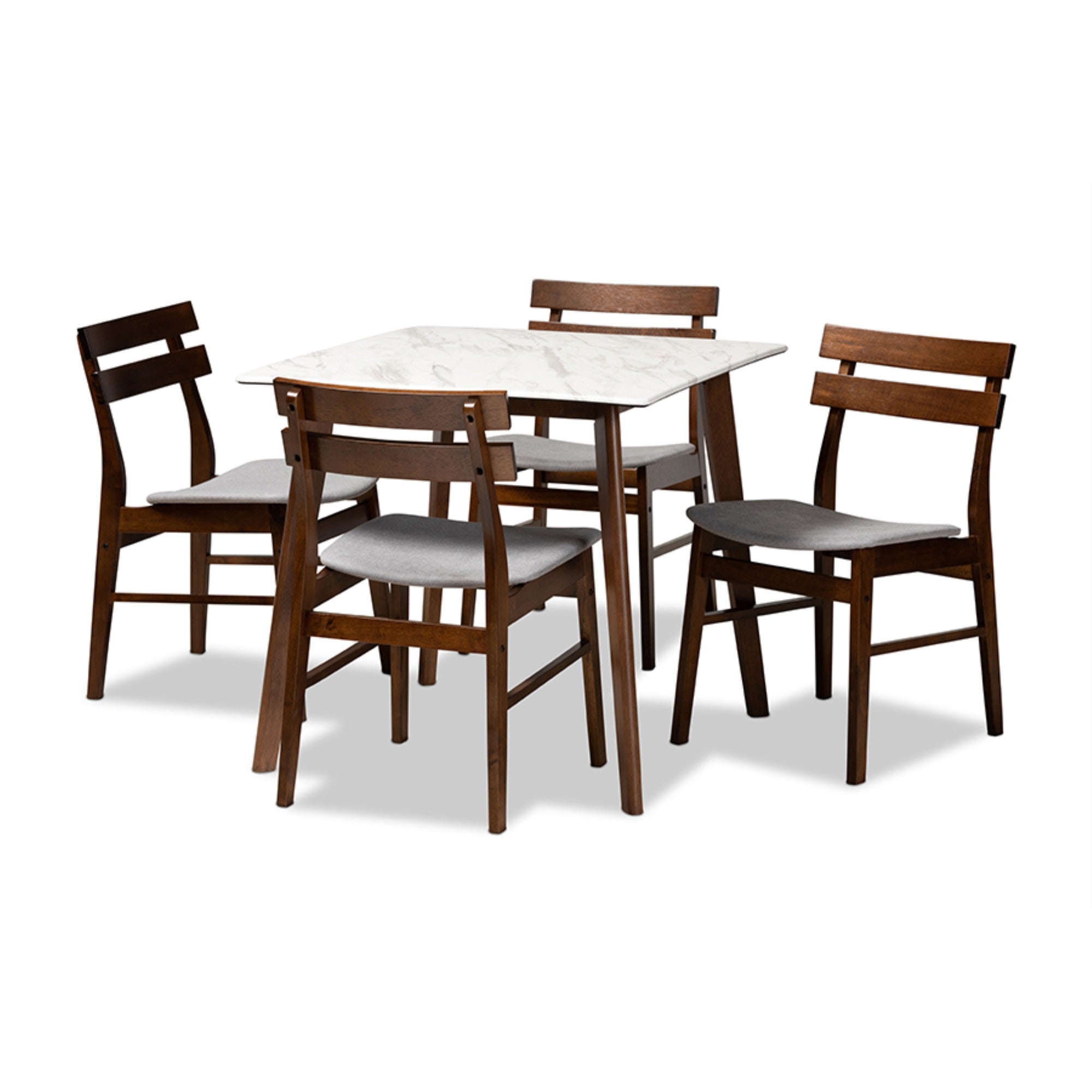 Baxton Studio Richmond Mid-Century Modern Light Grey Fabric Upholstered and Walnut Brown Finished Wood 5-Piece Dining Set with Faux Marble Dining Table