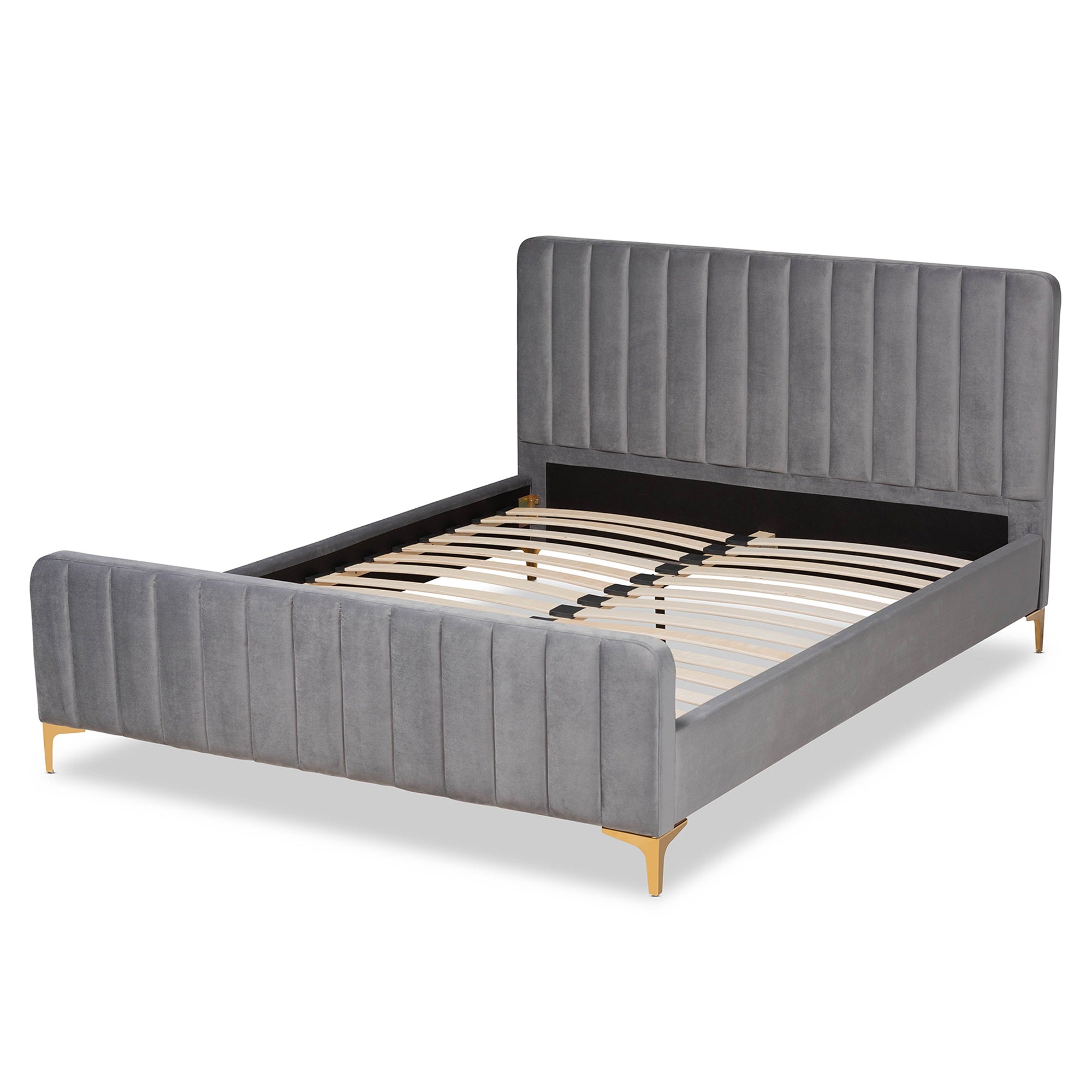 Baxton Studio Nami Modern Contemporary Glam And Luxe Light Grey Velvet Fabric Upholstered And Gold Finished Queen Size Platform 
