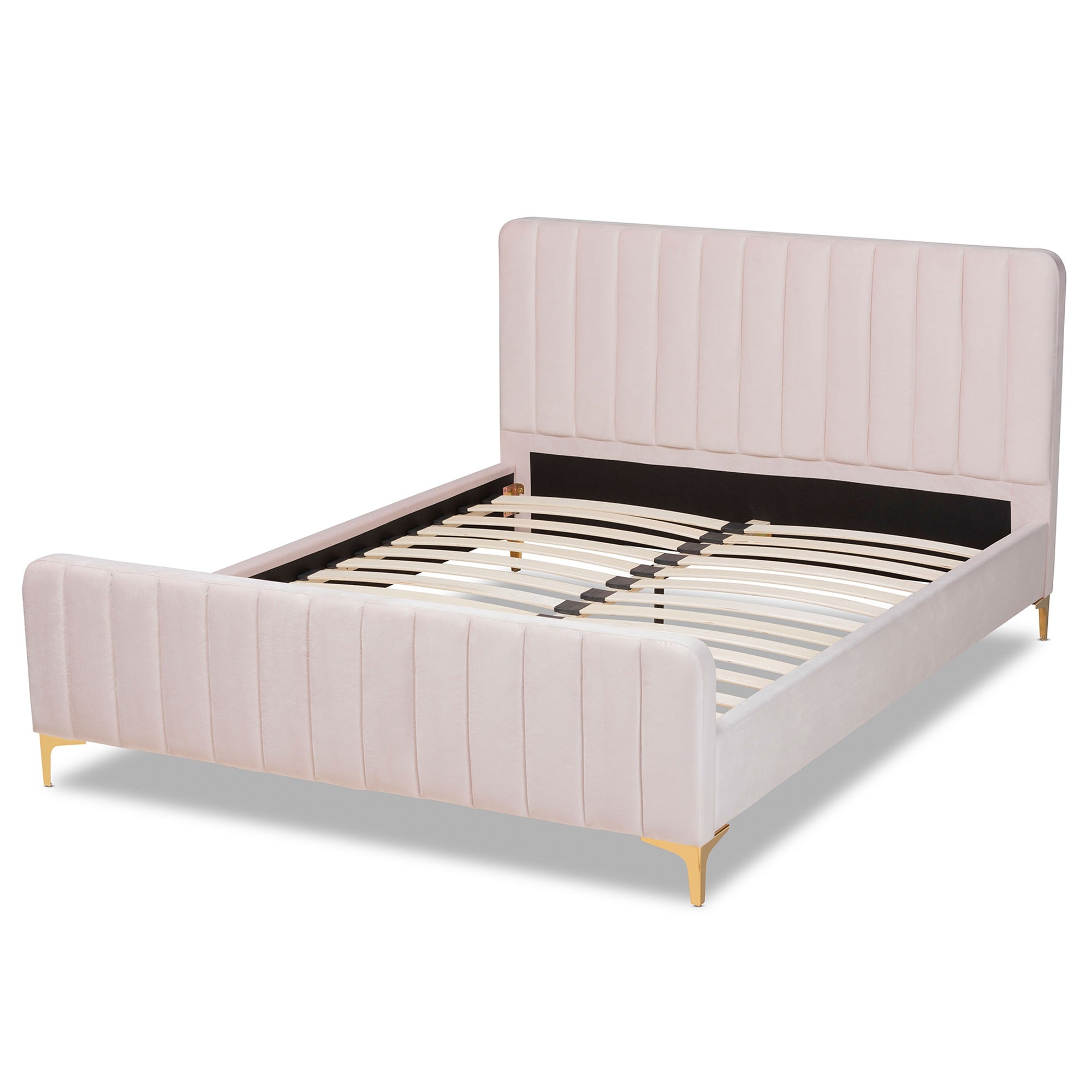 Baxton Studio Nami Modern Contemporary Glam And Luxe Light Pink Velvet Fabric Upholstered And Gold Finished Queen Size Platform 