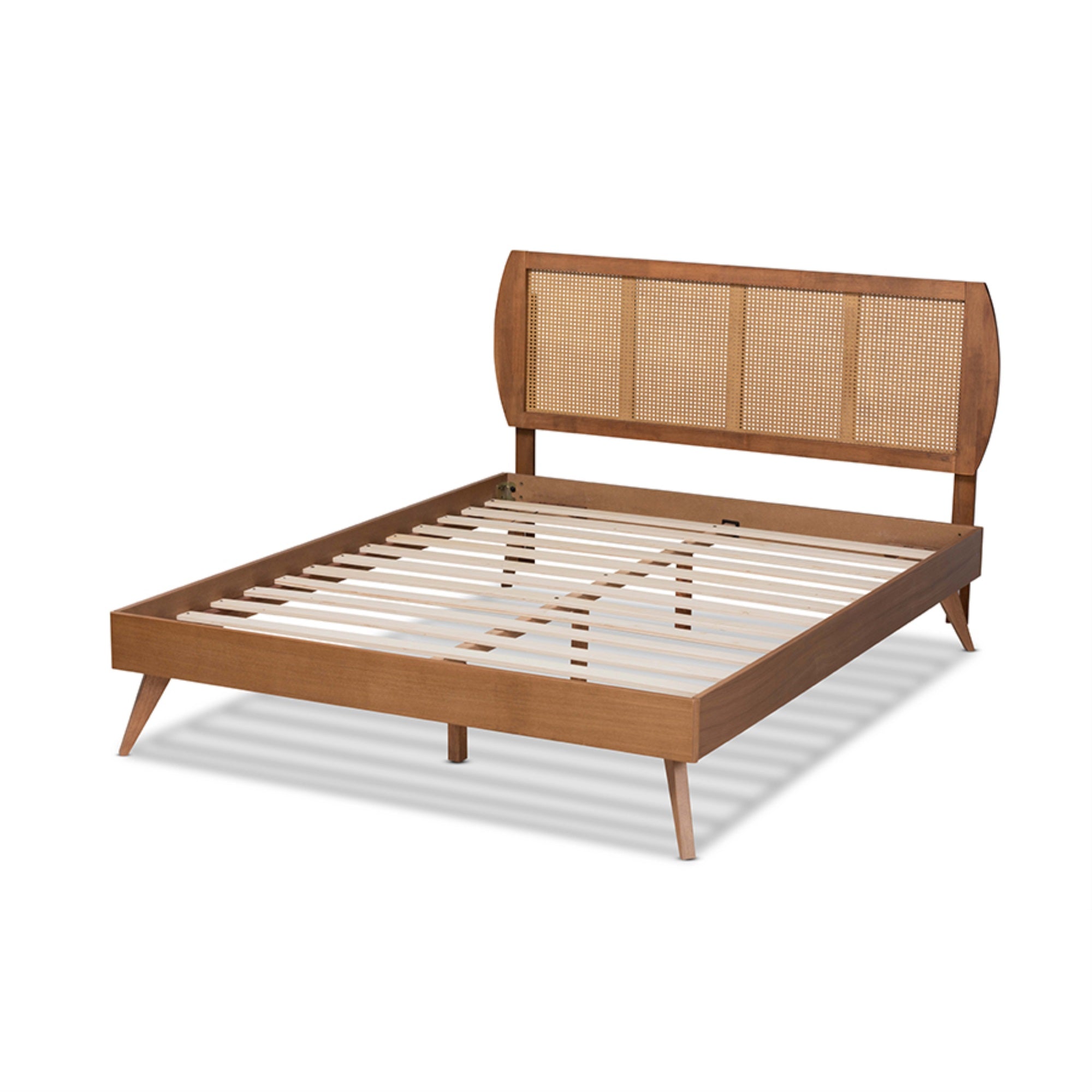 Baxton Studio Asami Mid-Century Modern Walnut Brown Finished Wood And Synthetic Rattan King Size Platform Bed