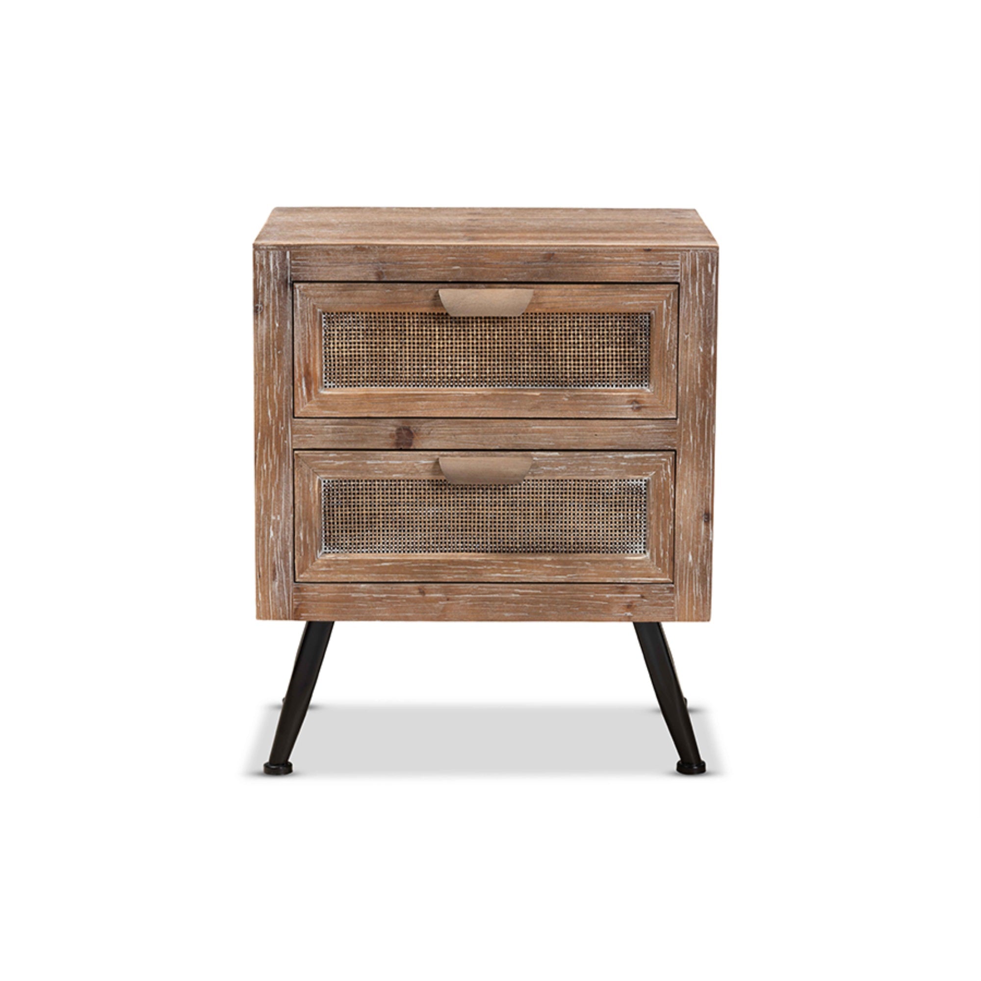 Baxton Studio Calida Mid-Century Modern Whitewashed Natural Brown Finished Wood And Rattan 2-Drawer End Table