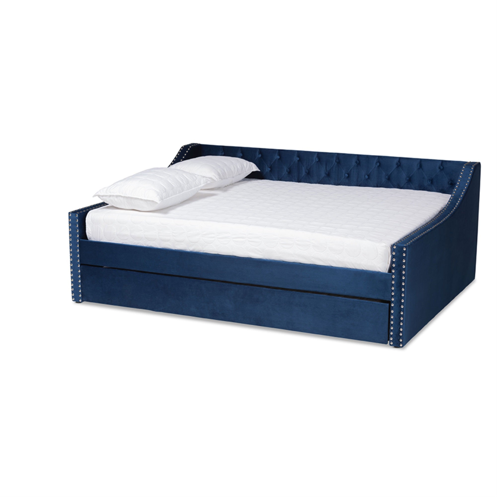 Baxton Studio Raphael Modern and Contemporary Navy Blue Velvet Fabric Upholstered Queen Size Daybed with Trundle