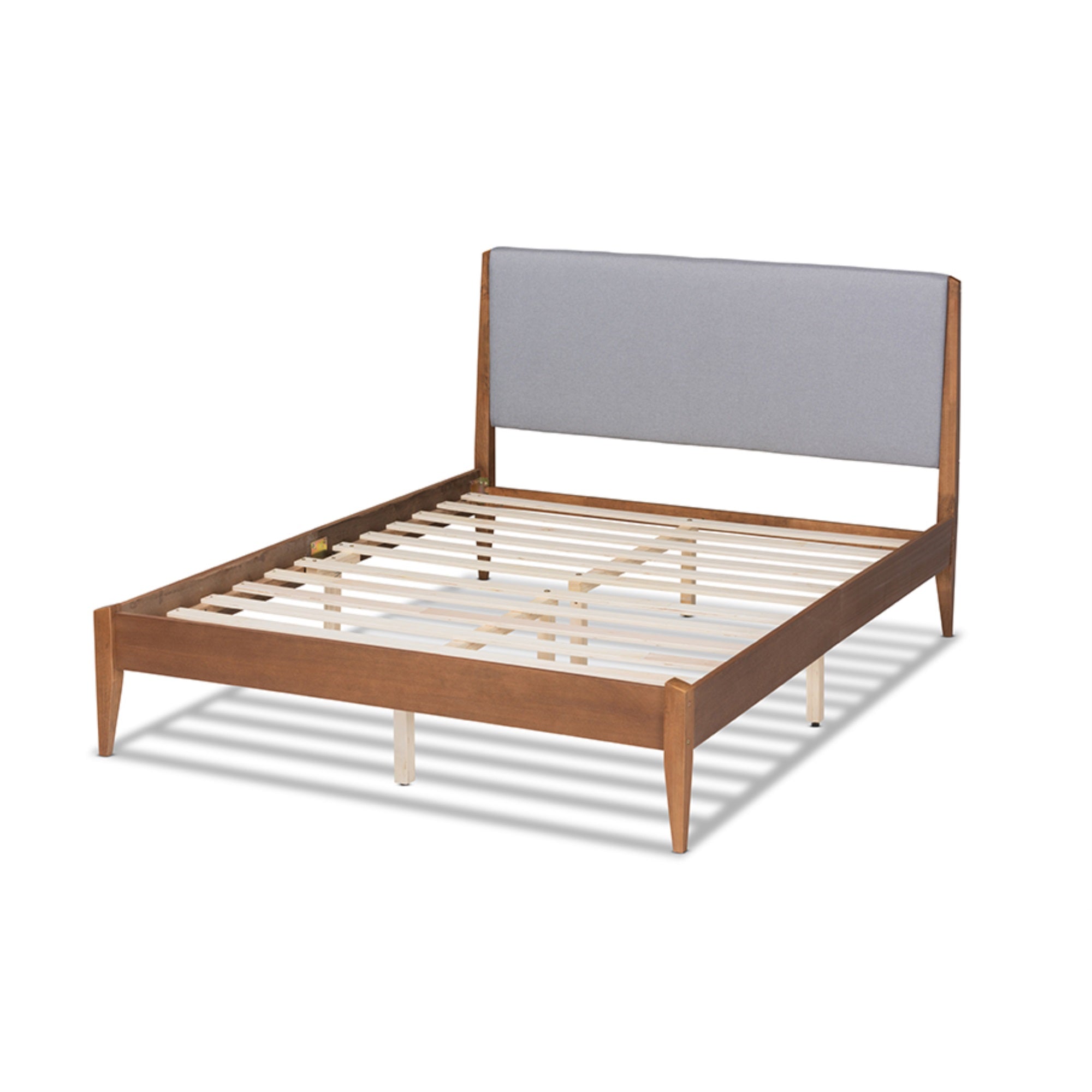 Baxton Studio Lenora Mid-Century Modern Grey Fabric Upholstered And Walnut Brown Finished Wood King Size Platform Bed