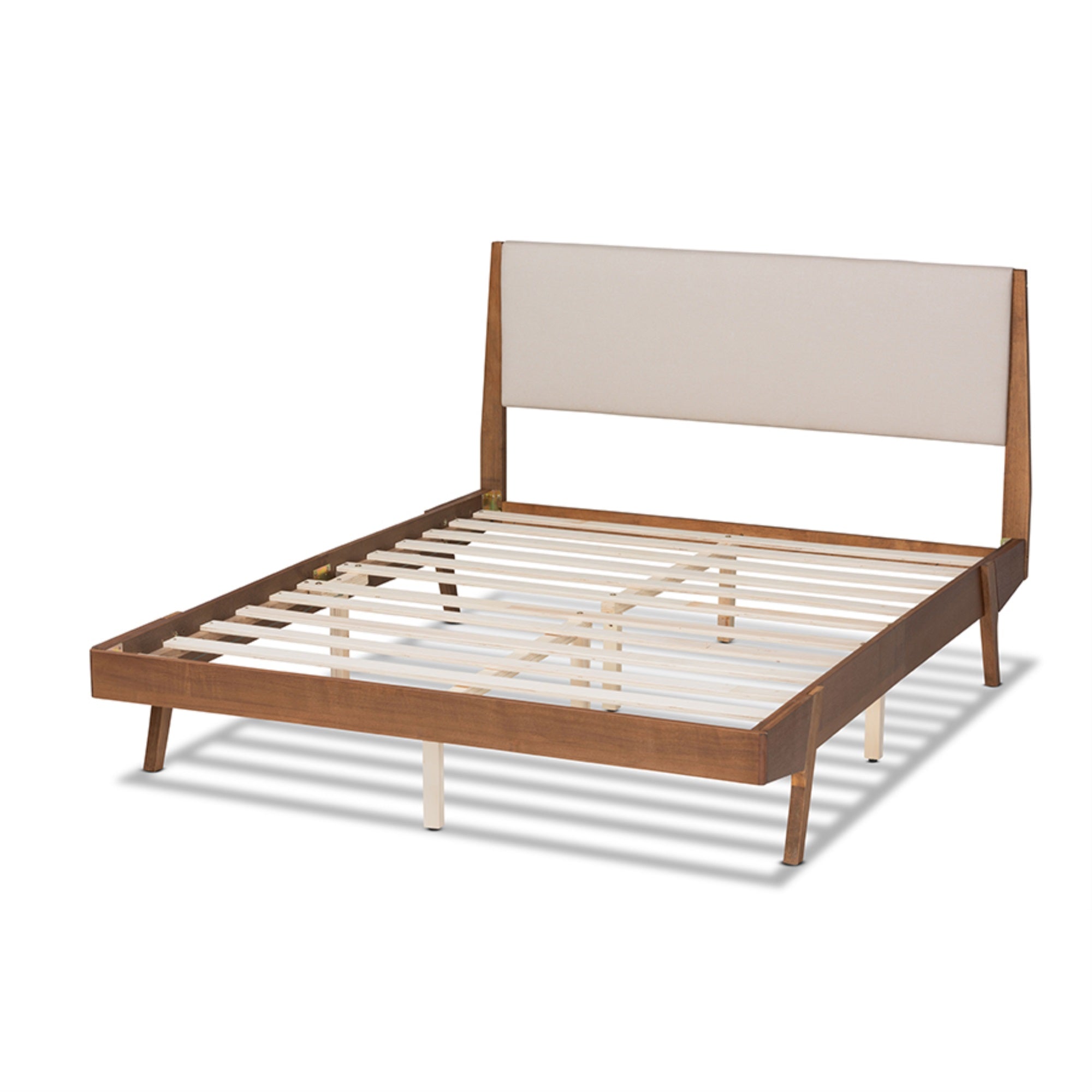 Baxton Studio Senna Mid-Century Modern Beige Fabric Upholstered And Walnut Brown Finished Wood King Size Platform Bed