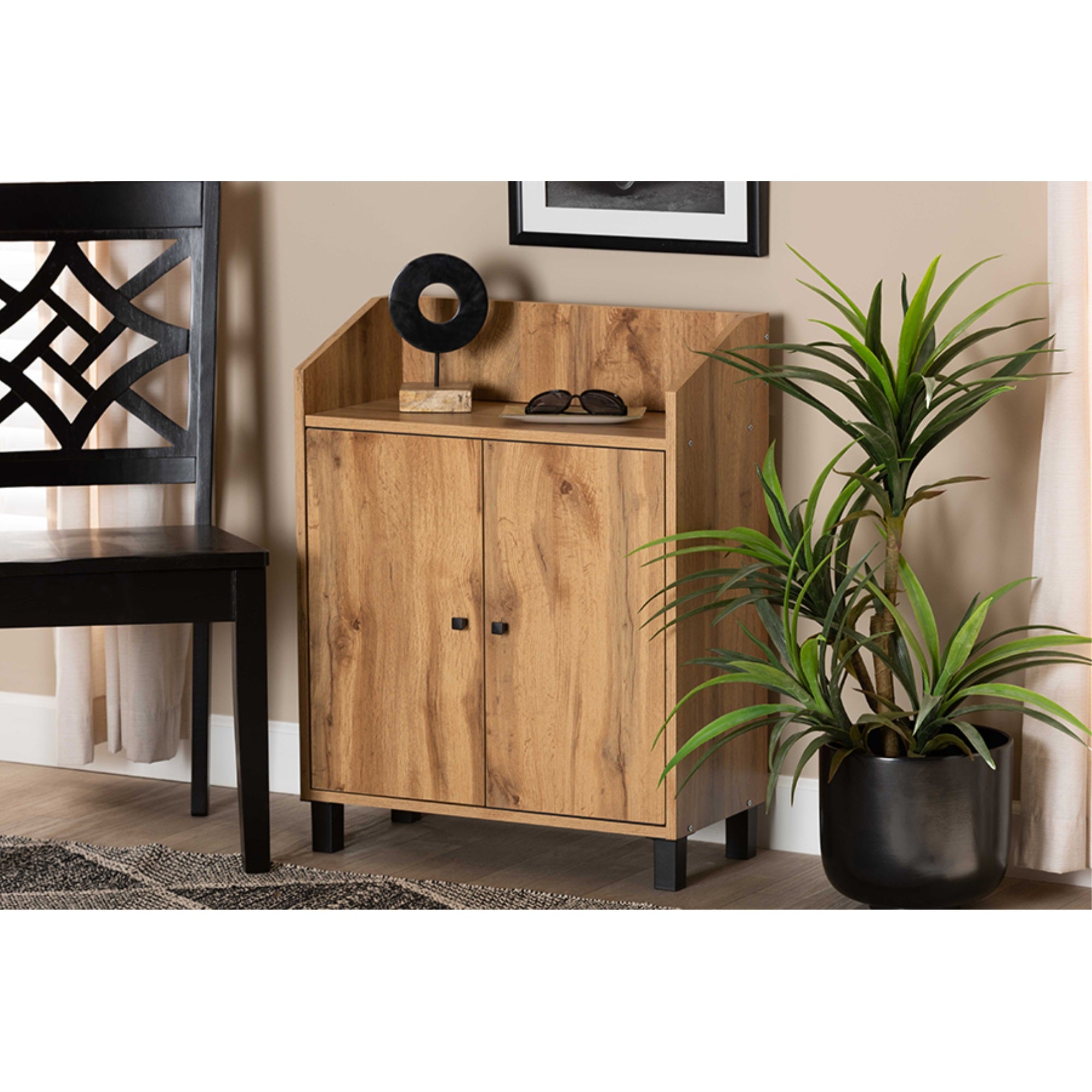 Baxton Studio Rossin Modern and Contemporary Oak Brown Finished Wood 2-Door Entryway Shoe Storage Cabinet with Top Shelf